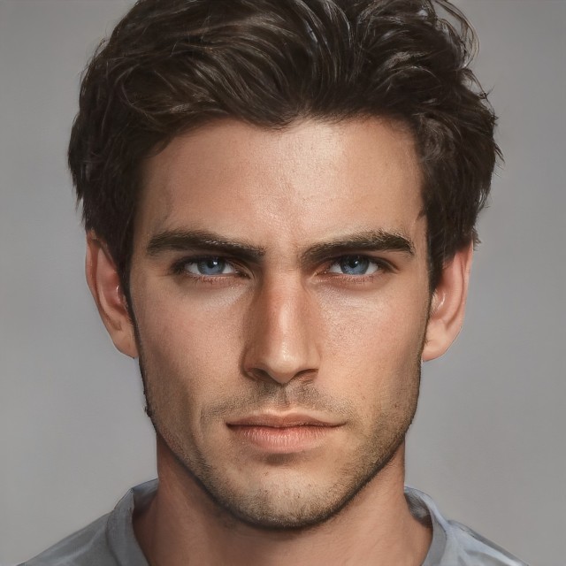 An man with dark brown hair, blue eyes and a tiny bit of facial hair 