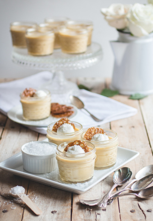 confectionerybliss:  Salted Butterscotch Pots de Crème with Hazelnut-Espresso Lace CookiesSource: Butterlust