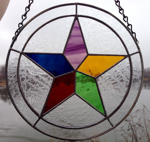 CREATE YOUR VERY OWN CUSTOM PENTACLE STAINED GLASS SUN CATCHER, handmade by local pagan shop &ld