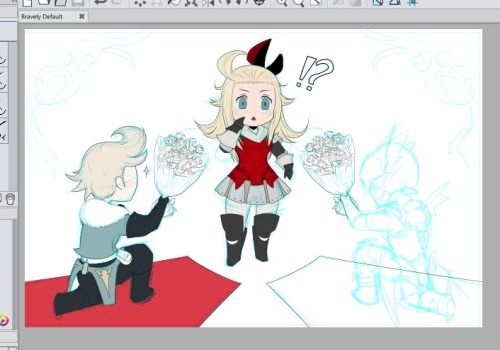 More update on my Ringabel/Alternis/Edea print!! Gaaaah, I’m never drawing a bouquet of roses again! So many petals and leavels and whatnot…! Anyway, I’ve gotten the basic inking of Edea and Ringabel done, wooooo! My only nightmare