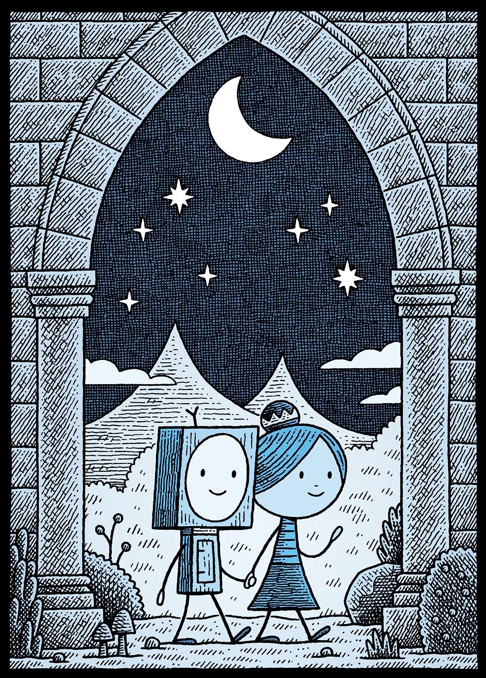 A drawing of the main characters from the book 'The Little Wooden Robot and the Log Princess' by Tom Gauld.