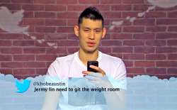 joycakes:  Tweet: “Jermy lin need to git the weight room”Jeremy: “You need to git the spell check…” LOL heres the link. http://popwatch.ew.com/2014/06/16/jimmy-kimmel-mean-tweets-nba/