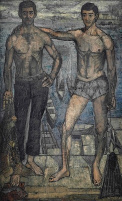 José Fernández (Spanish, 1905-1988), Fishermen by the sea, 1961. Oil and mixed media collage on canvas, 196.6 x 120 cm.