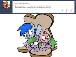 butters-the-alicorn:unhinged-pony:One peaNUTJOB BUTTERS and… jelly… (Idk…he’s purple? close enough) sandwich coming right up!Unhinged: I am jelly! I guess that means im in a …Sticky… situation! Featuring: asknutjob and butters-the-alicornI