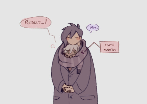 Sebastian, with his eyes closed contentedly, wrapping a large winter coat and scarf around a Stardew Valley farmer from behind. The farmer is saying "Really...?" To which Sebastian is replying, "Mm." An arrow points to the farmer, saying he "runs warm."