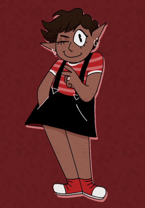 bortmcjorts: [ID: a drawing of lup against a dark red background. she is a chubby elf with brown ski