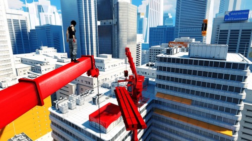 A panoramic view of MirrorsEdge cityscape, with Faith acting as a guardian