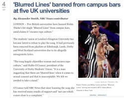 sevenplusfour:  “It is a man suggesting that there are ‘blurred lines’ when it comes to sexual consent and that is unacceptable.” “since banning the song she has received many emails of support and “not one which comes close to a complaint.”