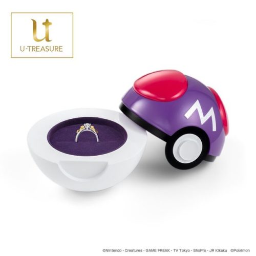 Pikachu and Mew Themed Engagement Rings come with a special Masterball themed wedding ring box for t