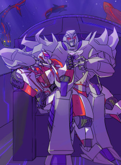 herzspalter:  Commission for lozalot who asked for Dark Energon!Ratchet and Megs hangin’ out. The shark tank wasn’t part of the commission, that just kinda happened. Thank you so much for commissioning me, I really hope you like it!