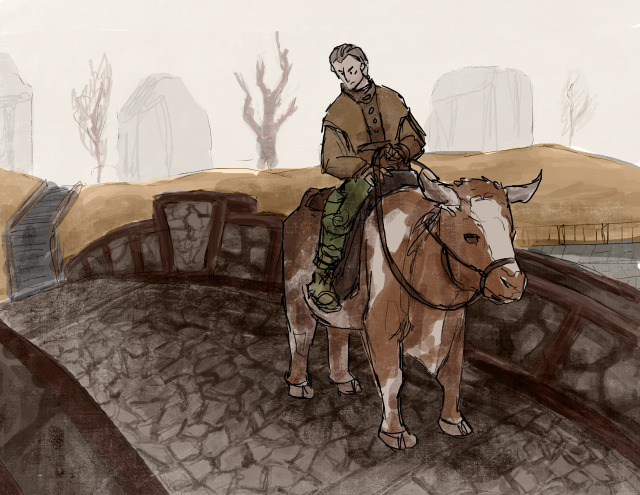 Digital sketch of The Haruspex riding a cow, stopped on a bridge in Pathologic