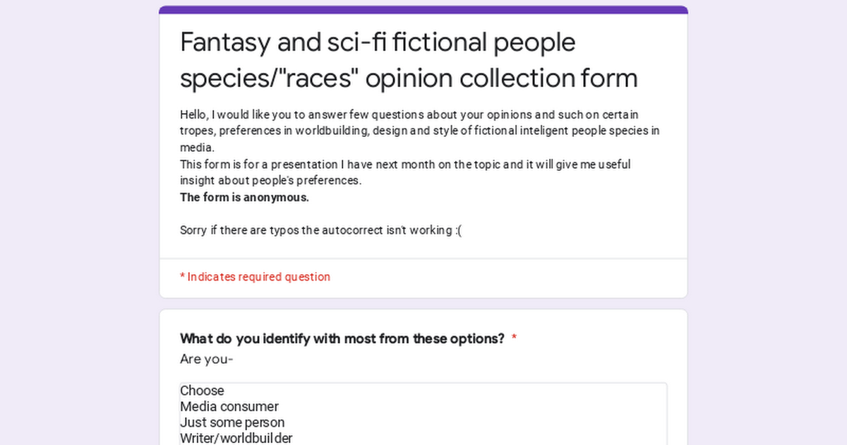 Fantasy and sci-fi fictional people species/"races" opinion collection form