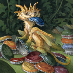 rowkey: “Bottlecaps” My submission for ArtOrder’s Tiny Dragons project! This was made with my usual mess of watercolor, ink, and colored pencil on 8x8″ hotpress watercolor paper…this time I really tried to pin down the value structure of the
