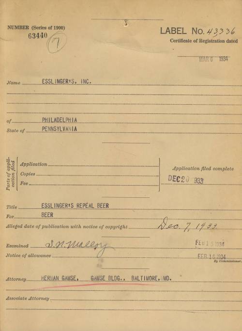 “Repeal Beer”
When Prohibition officially ended on December 5, 1933, booze peddlers large and small quickly did the legal thing and registered their products’ labels with the U.S. Patent Office. Here’s one aptly named product, to cash in on this...