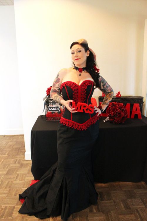 Danielle Aquino from California looking stunning in her black silk and custom dyed red lace Dark Dan