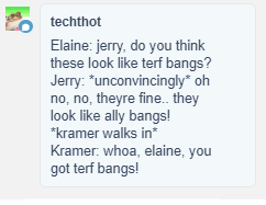 miseryghoul:  miseryghoul: modern Seinfeld episode where elaine gets terf bangs by accident and worries shes to going to be recognized as a trans ally any more  