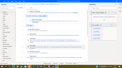 A portion of the script in the final build compile script, in Power Automate Desktop.