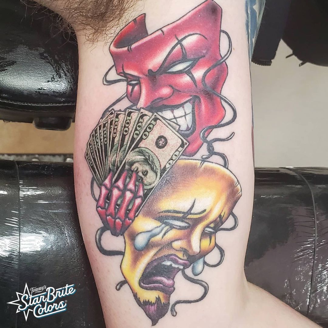 Comedy and Tragedy Mask by  Evil Genius Tattoo Club  Facebook
