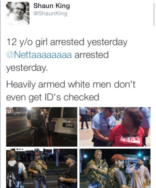 the-unfiltered-truths:  justicemustdie:  krxs10:  Guess what happened when heavily armed white men decided to roam the streets of Ferguson Not a damn thing. Late Monday night/early Tuesday morning, a group of heavily armed white men calling themselves