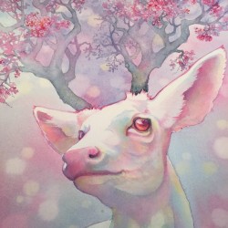 bright-witch:lollipopmacabre:Having fun with this little guy. 💖🎨💕#wip #watercolor #albino #deer #trees