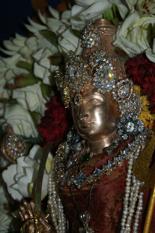 Durga Puja alamkaram, Vishnu as Vishnu-Durgai with Lakshmi and Saraswati at my household shrine.