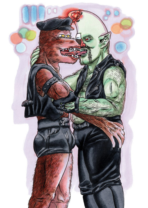 A wolfman and moonman from Junqueland in a leather embrace. Own the original, for sale at my Etsy sh