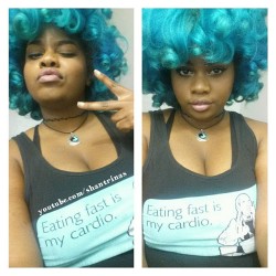 shantrinas:  Eating fast is my cardio. Finally filmed this hair tutorial and editing now! Youtube.com/shantrinas  #me #naturalhair #curlyfro #bluehair #greenhair