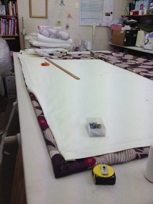 Today&rsquo;s curtains in progress. Three pairs of heavy interlined eyelet curtains being hung in th