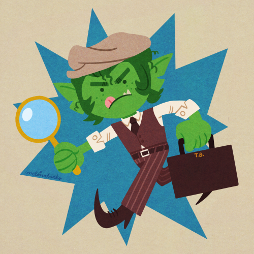 a drawing of riz from fantasy high in a sort of paper cut vintage style. riz is running to the left, with his briefcase in his left hand, and a magnifying glass in his right hand. his tongue is sticking out a little bit and his eyebrows are furrowed. behind him is a blue 11 point star.