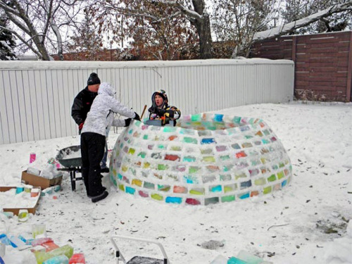 likeafieldmouse:  Daniel Gray and Kathleen Starrie - An igloo constructed out of milk cartons filled with colored water and frozen  