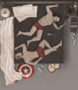 drjezdzany: Stucky Sleeping Positions - 1. The “It’s-too-hot-for-anything-position” Many thanks to @viperbranium for helping me wrangle this series into it’s final order and to @misspaperjoker for suggesting things for the background (especially