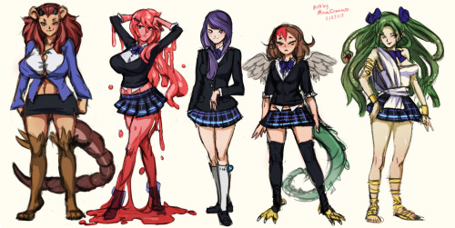   I’ve been working on an original yuri comic idea involving monster girls. >:) Rough concepts for some of the cast.  