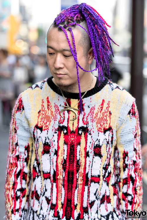 Kazuma from Uggla Japan on the street in Harajuku wearing a sweater and pants from Tom Van der Borgh