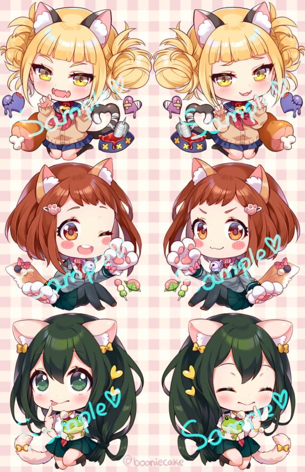 finished my kitty bnha set! \o/ hopefully will have this at fanime and then future cons~ Online order will prob come later, follow me on twitter for better updates #bnha #boku no hero academia #uraraka ochako#himiko toga#tsuyu asui