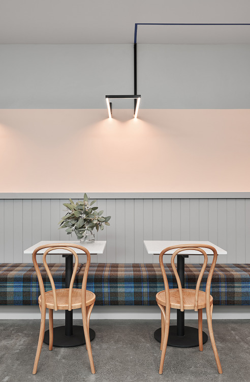 {Lunch-time inspiration from Australian firm Robson Rak. The cafe interior has a gentle pastel palet