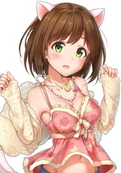 アイドルマスター、アイドルマスターシンデレラガールズ、前川みく、takeya y0615、高解像度、おへそ、ネックレス、ショートヘア、eyebrows visible through hair、一人、上半身、分離袖、女一人、宝飾、尻尾、牙、獣耳、白い背景、カメラ目線、眉毛、緑目、肩出し、シンプル背景、茶髪、赤面、開口、鼠蹊部