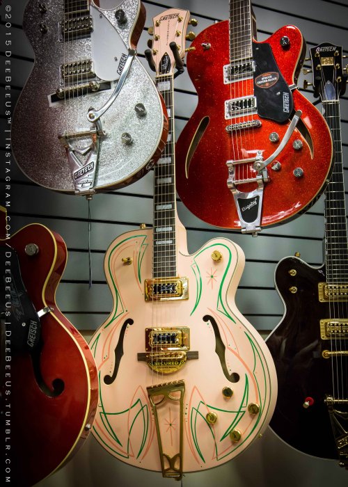 deebeeus:More guitar shopping  this week in Toronto, Canada:1) Gibson Custom Trini Lopez signature  ES-335 reissue 2) Les Paul in gold pearl3) Les Paul Deluxe gold top4) Fender American  Vintage  ’65 Jaguar5) Gretsch in pink and pinstripes