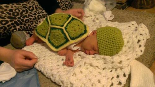 So, so cute. Baby boy in his new turtle blanket and hat. :) -Credited to and permission given by Mik