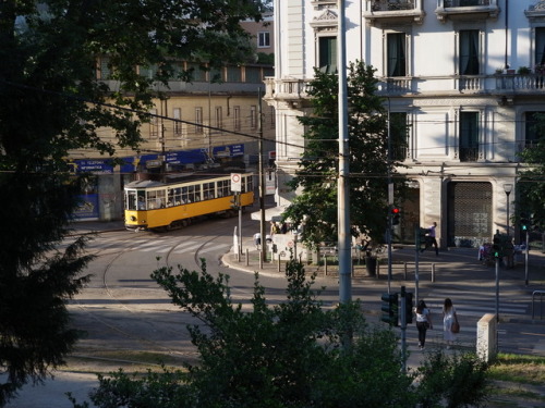 Yellow tram in Milan.