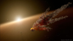 fyeahastropics:  Unexplained Dimmings in KIC 8462852(via APOD;    Illustration Credit:  NASA,  JPL-Caltech )  Why does star KIC 8462852 keep wavering?   Nobody knows.   A star somewhat similar to our Sun,  KIC 8462852 was one of many distant stars being