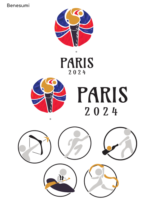 Student work of Paris 2020 concept of the Olympic logo and some potential sports/games symbols. To b