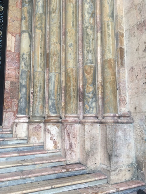 Marble columns framing the doorway to Cuenca Cathedral, Ecuador