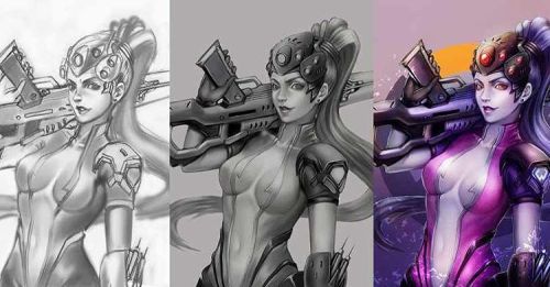 As requested by @atxmaricela a step process of my Widowmaker art. From pencil sketch to grayscale va