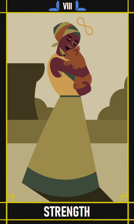 VIII - Strength (Claudia Atieno) by @jackieobrien[id: a tarot card depicting Claudia holding an oran