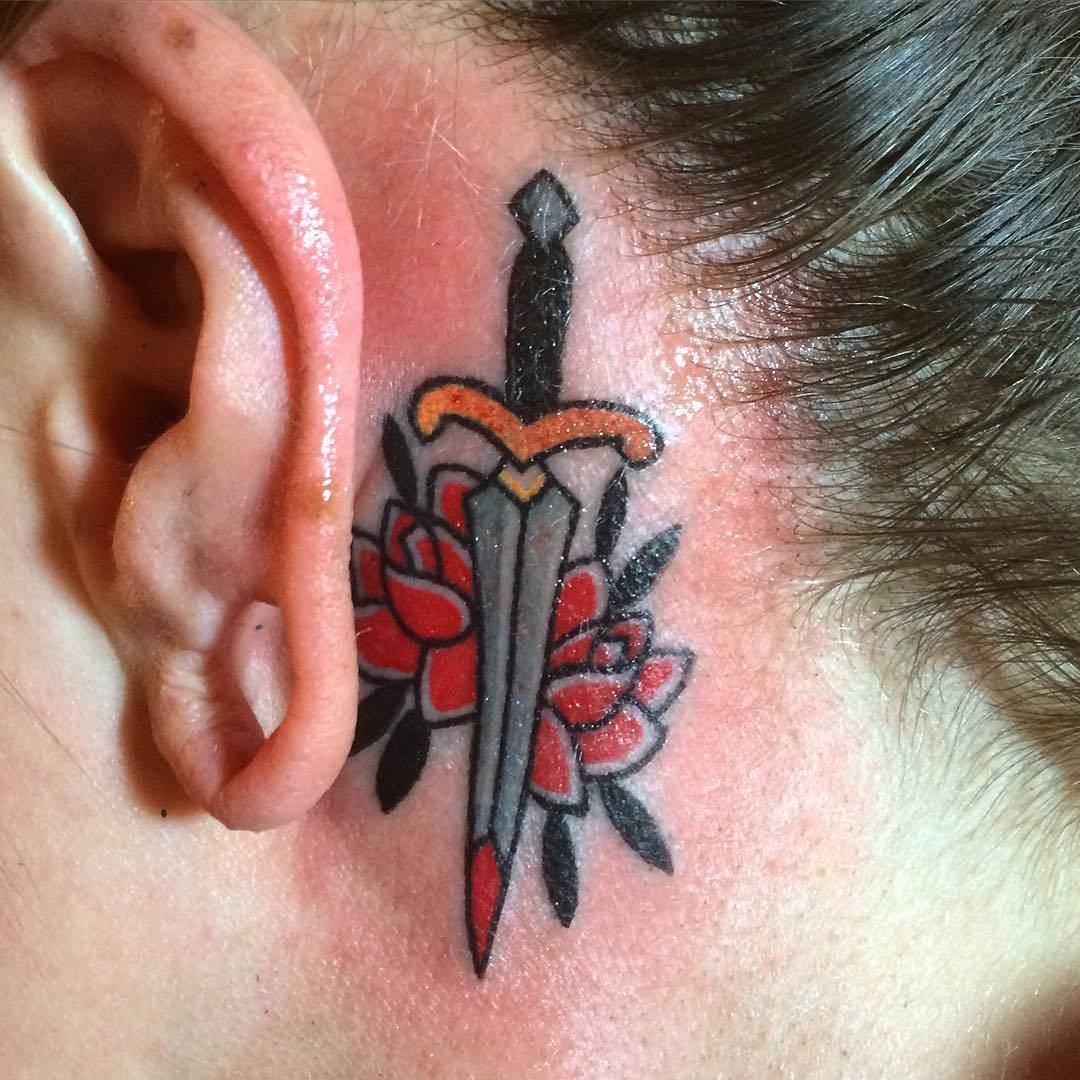 Discover 74+ dagger tattoo behind ear super hot - in.cdgdbentre