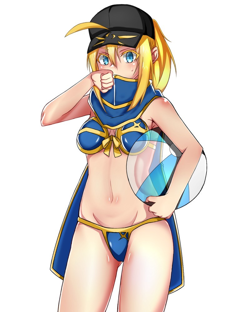 フェイト・シリーズ、fate/grand order、セイバー、heroine x、高解像度、おへそ、カップ、ビキニ、リボン、おさえている、サイドロック、ショートヘア、ブルービキニ、ポニーテール、イエローリボン、bikini