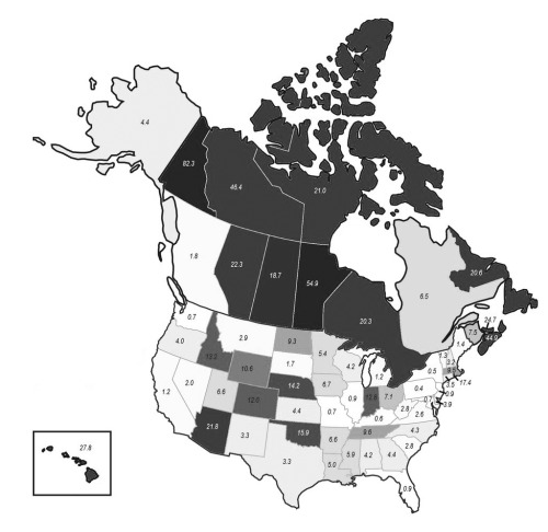 Percentage of Each State’s/Province’s Population Living in the State’s/Province's 