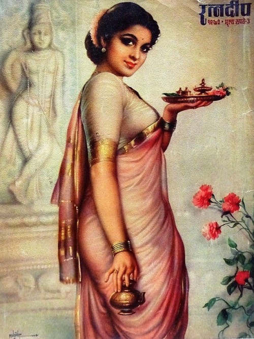 “Indian woman going for puja.” Vintage Indian lithograph print.Source: Old Indian Arts