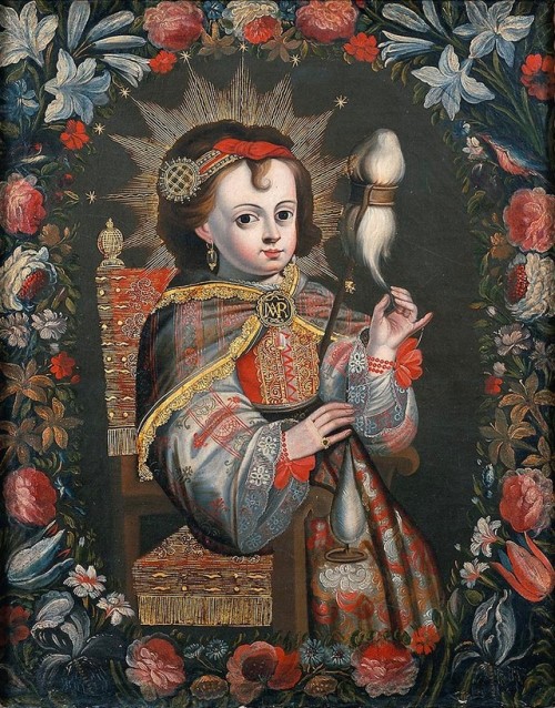 theraccolta:Spanish Colonial, The Child Mary Spinning, 18th century, oil on canvas, collection of Ca