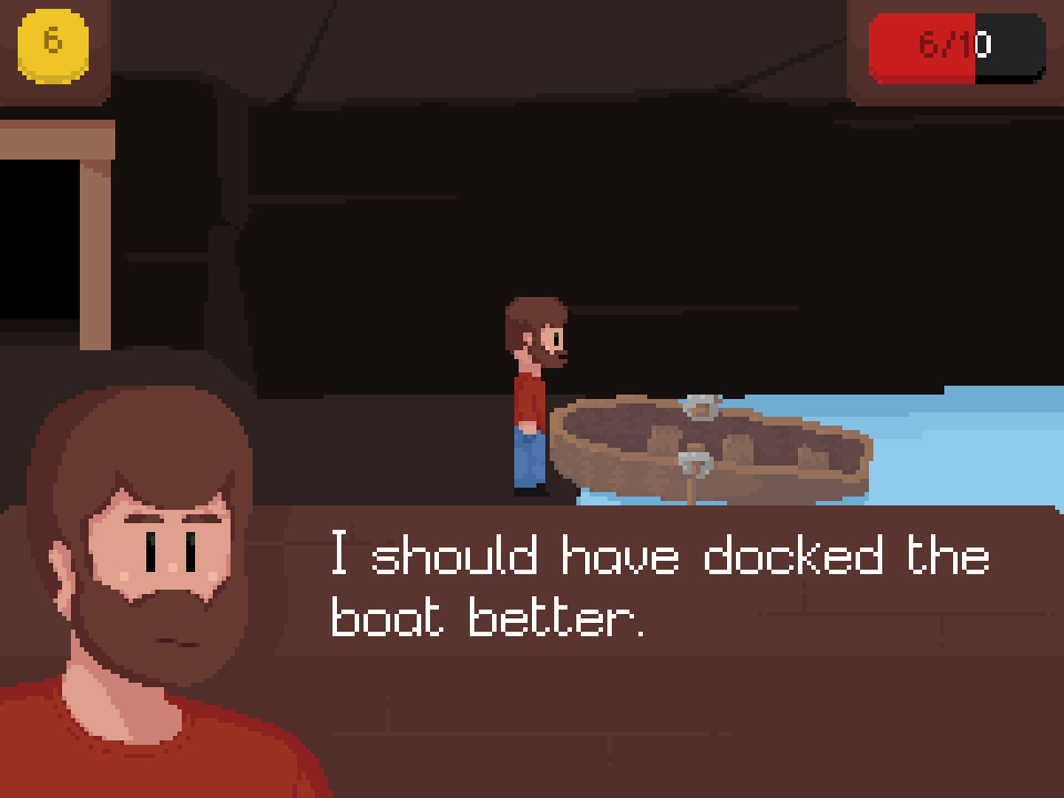 A screenshot of Traversal. In the top left corner, there's a sprite of a gold coin with brown text on it which reads 6. In the top right corner, there's a red and grey healthbar with the text over the red parts being dark red, and the text over the grey part being white. There is a dialogue box on screen with white text on a brown background.